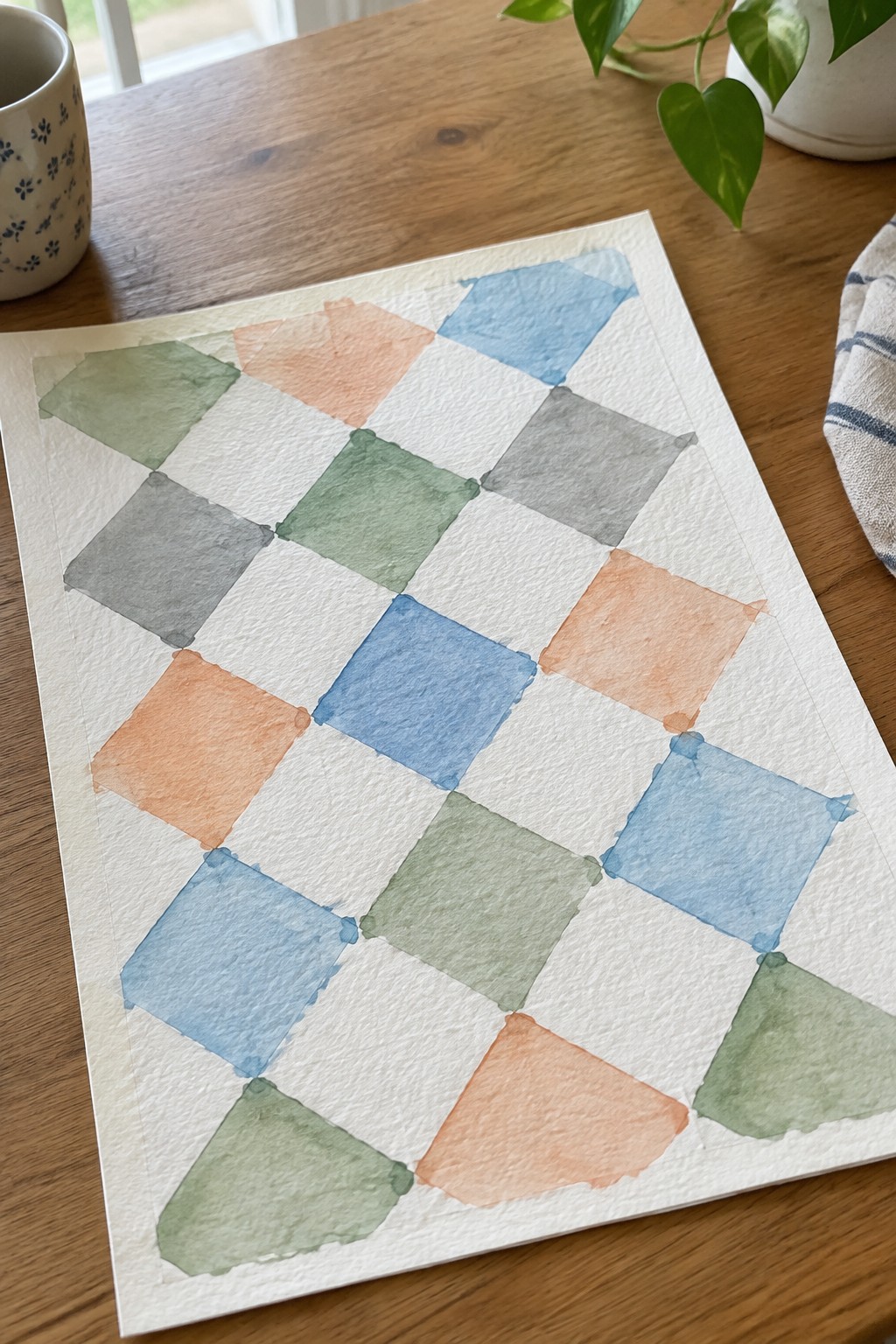 Watercolor checkerboard pattern in blue green orange and gray on wooden table