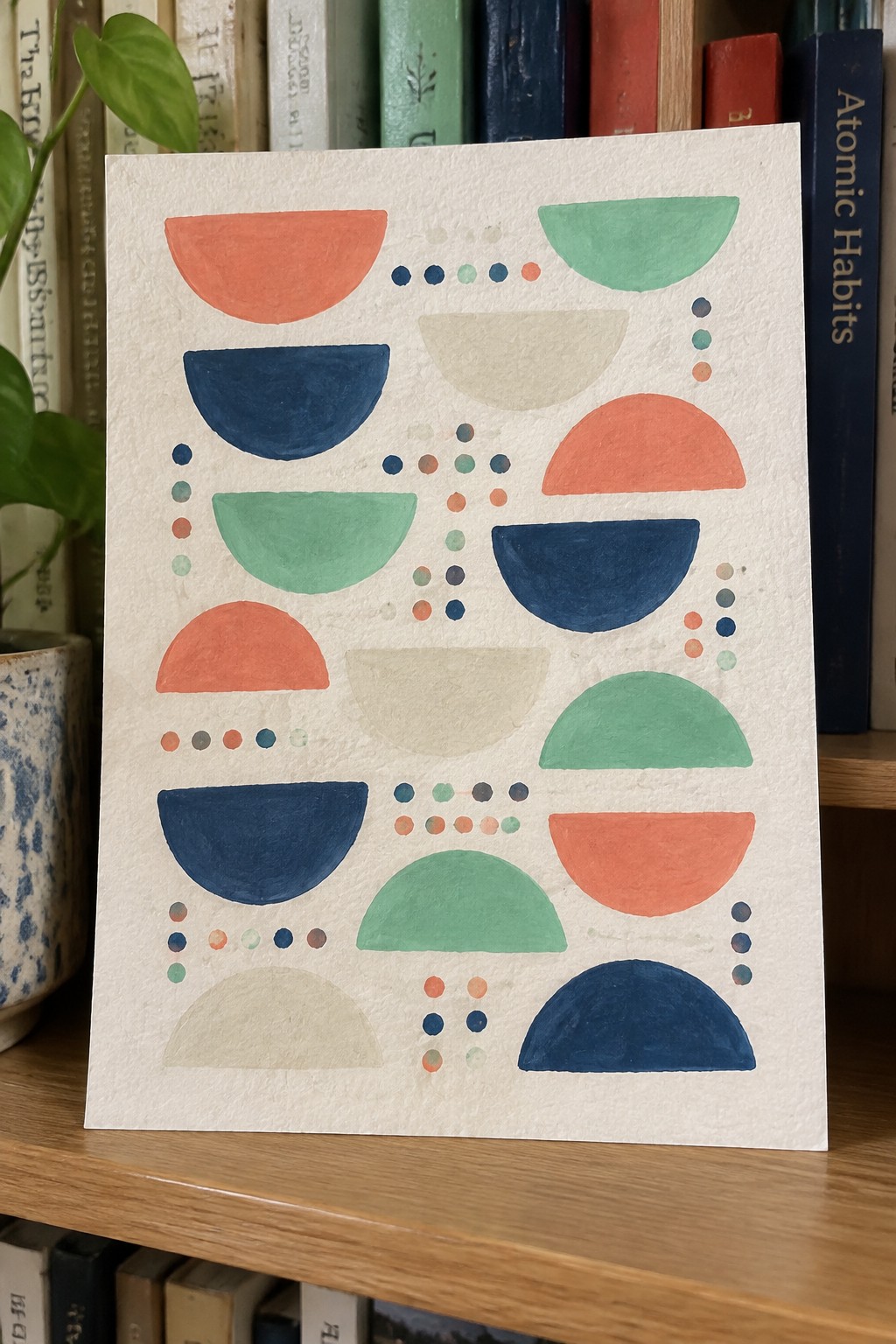 Abstract art with coral, navy, teal semicircles and dotted patterns on textured paper