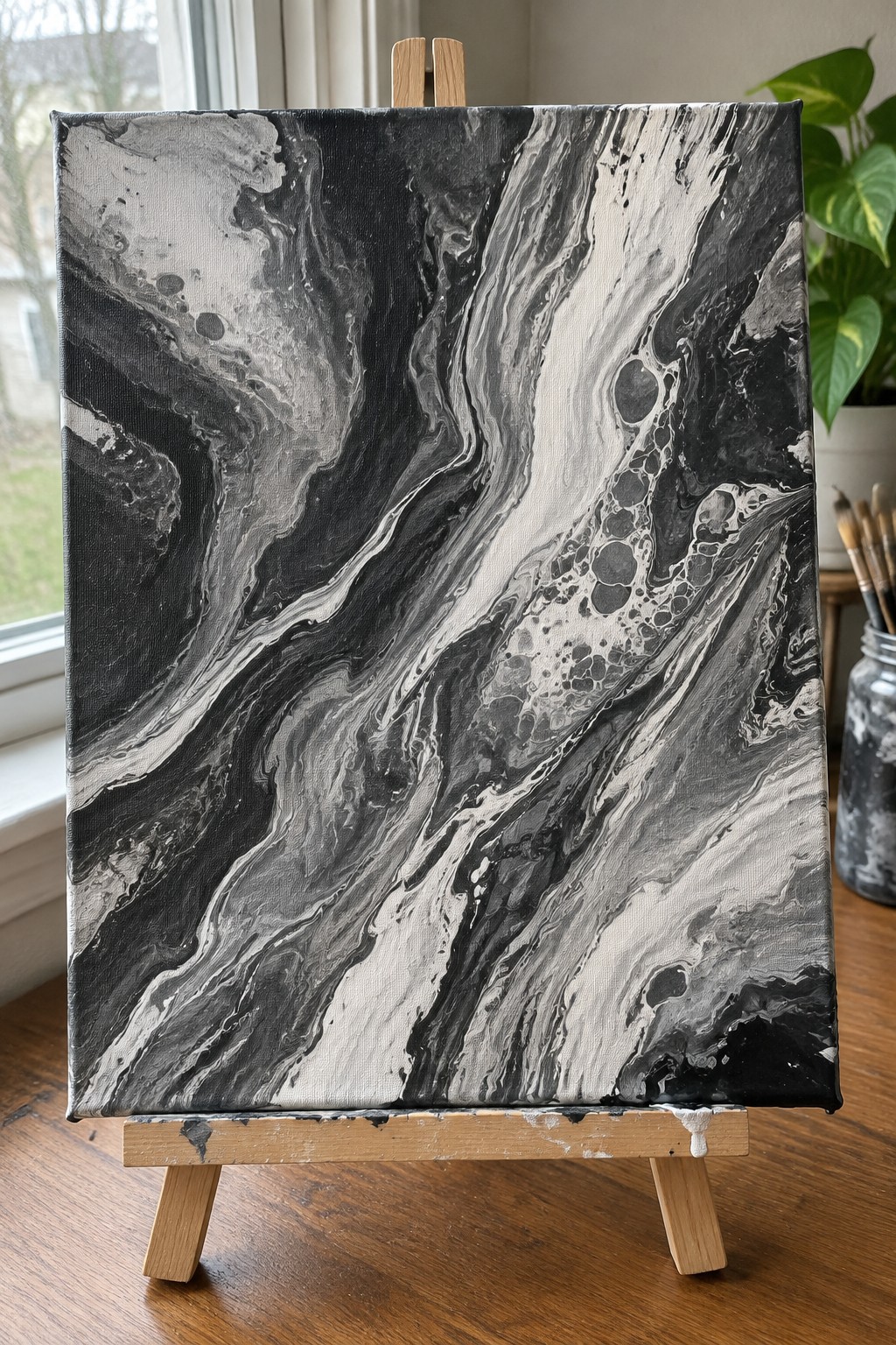 Black and white abstract marbled painting on wooden easel with swirling patterns