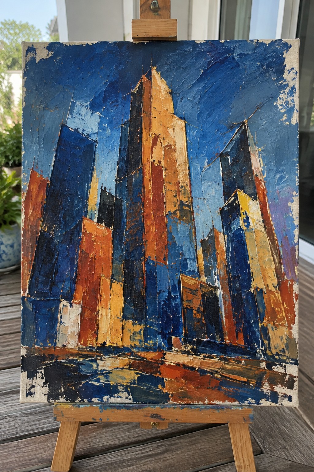 An abstract painting of tall city buildings in shades of blue and orange displayed on a small wooden easel outdoors.