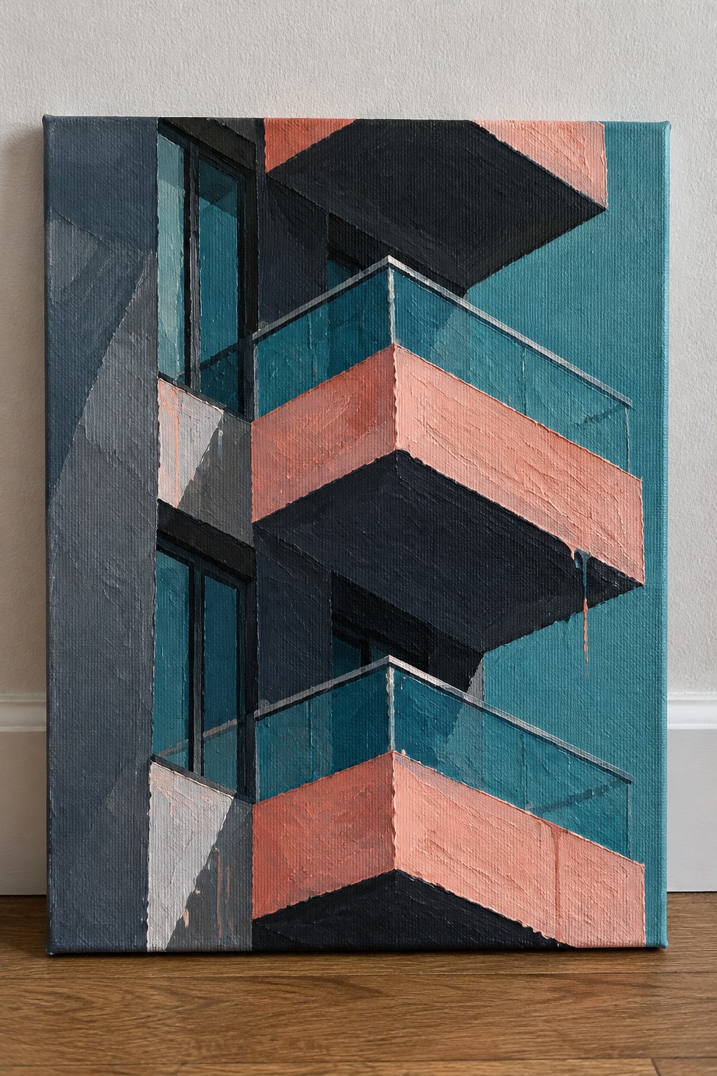 Abstract painting of stacked balconies on a modern building in teal, coral, and black.