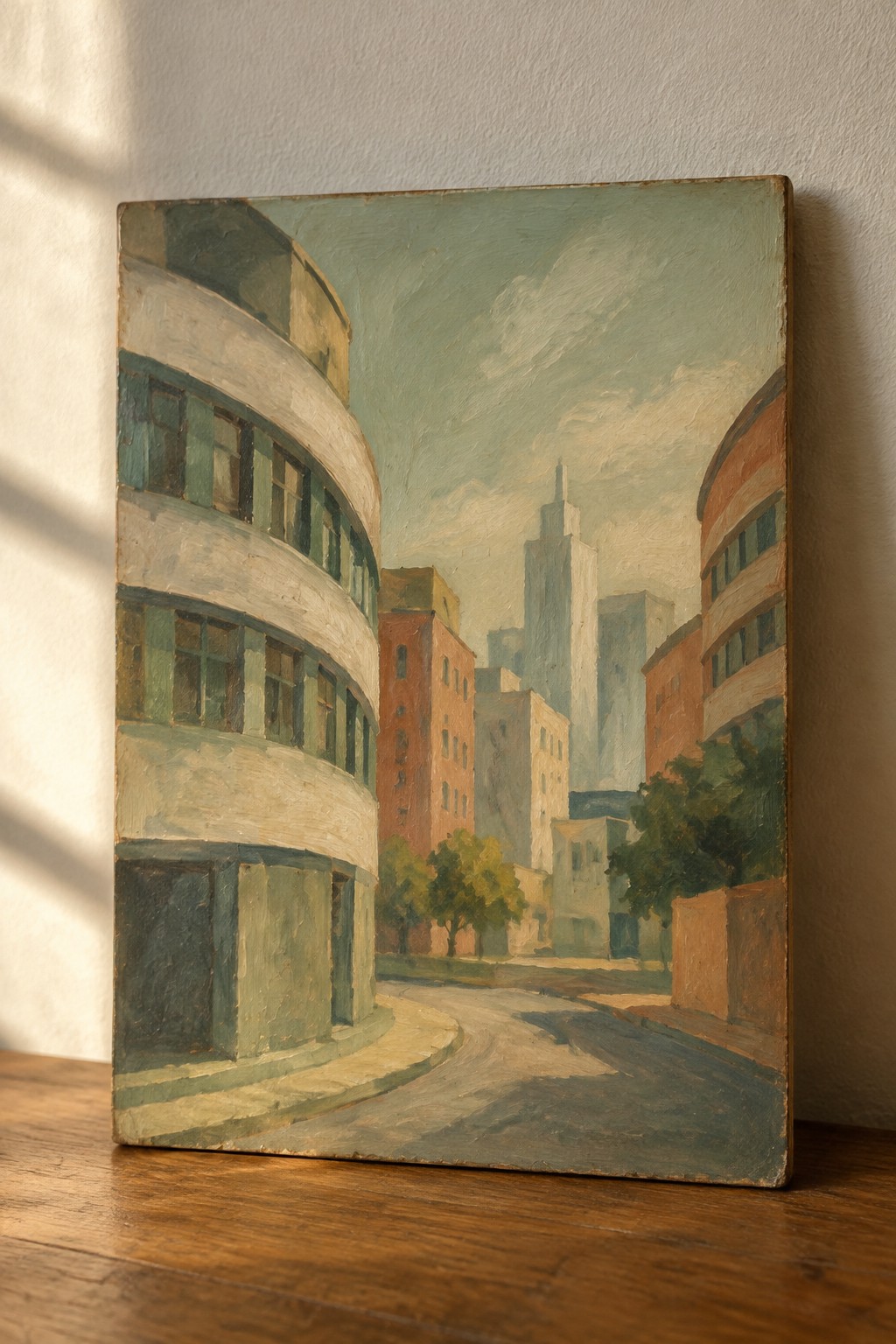 Impressionistic painting of curving city street with rounded buildings and distant skyscrapers.