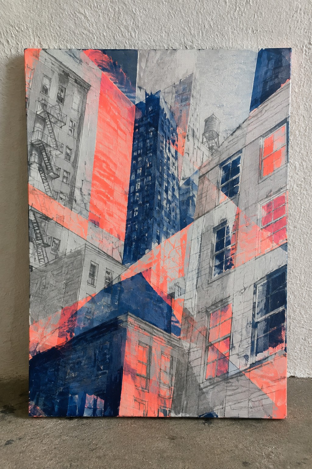 Abstract painting of fragmented urban buildings with red and blue geometric overlays.