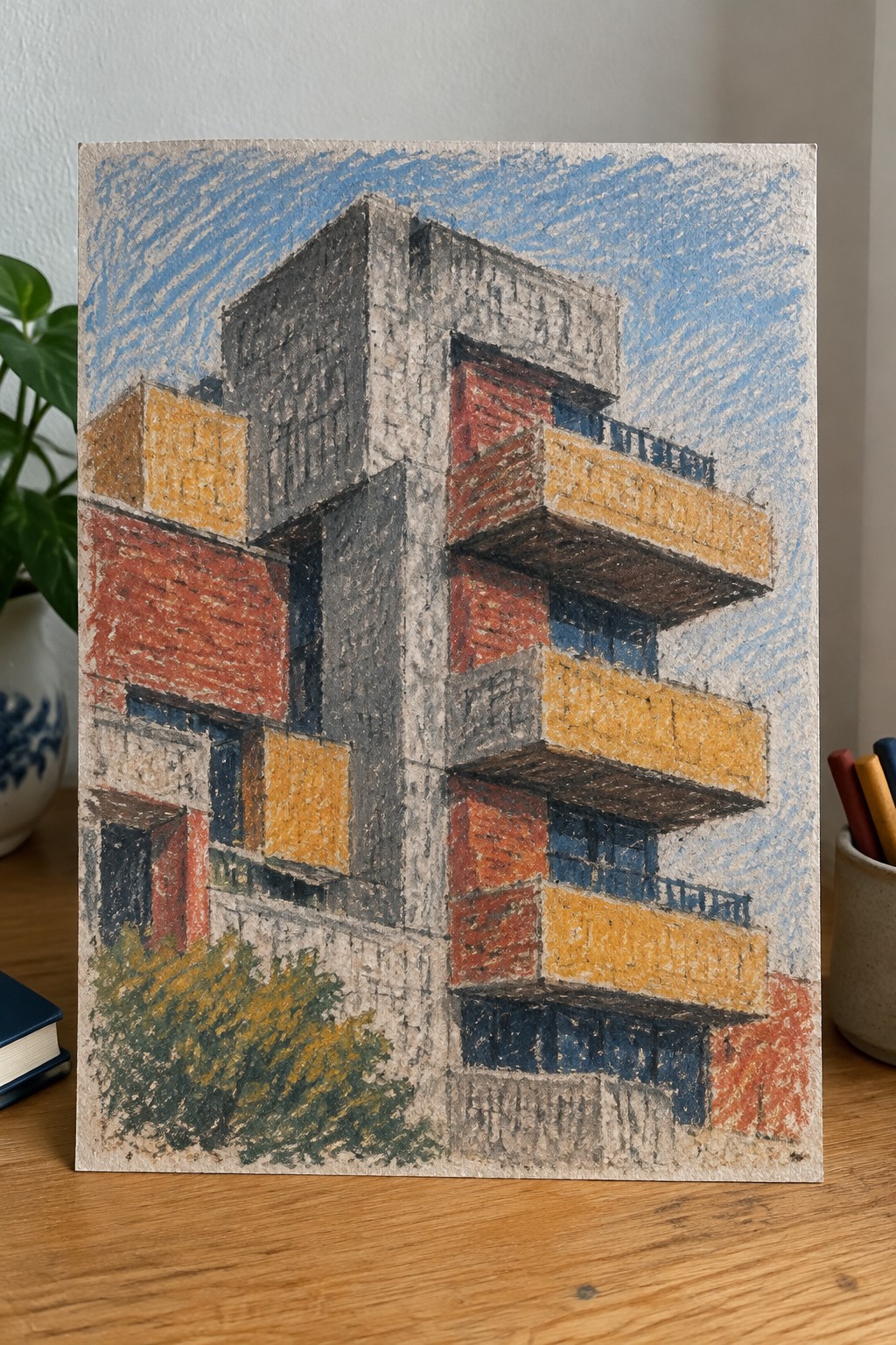 Pastel drawing of modernist building with red brick, yellow balconies, and blue sky.