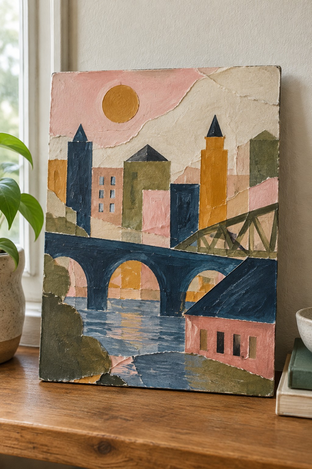Colorful patchwork cityscape painting with arched bridge over water and golden sun in pink sky