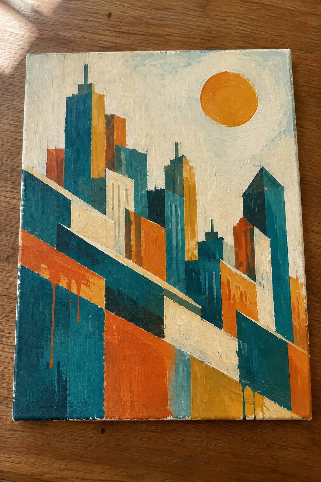 Abstract painting of geometric teal and orange city buildings under bright sun with paint drips