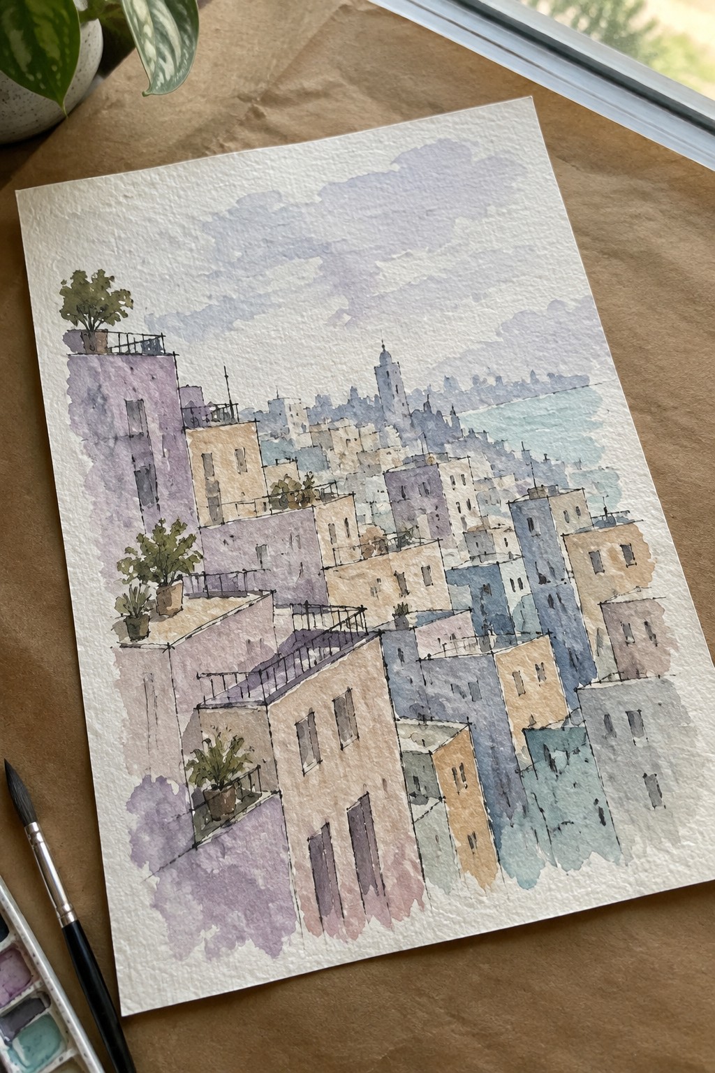 A watercolor cityscape painting of layered buildings in muted colors with a body of water and tower in the background, shown next to a paintbrush and palette.