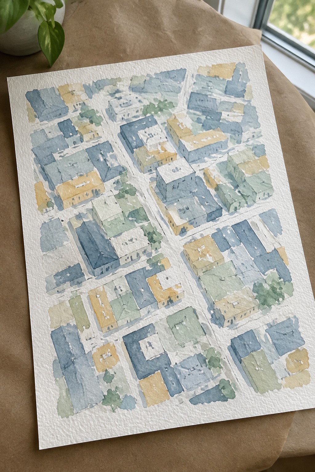 Watercolor aerial view of a town with blue, yellow, and green buildings on paper.