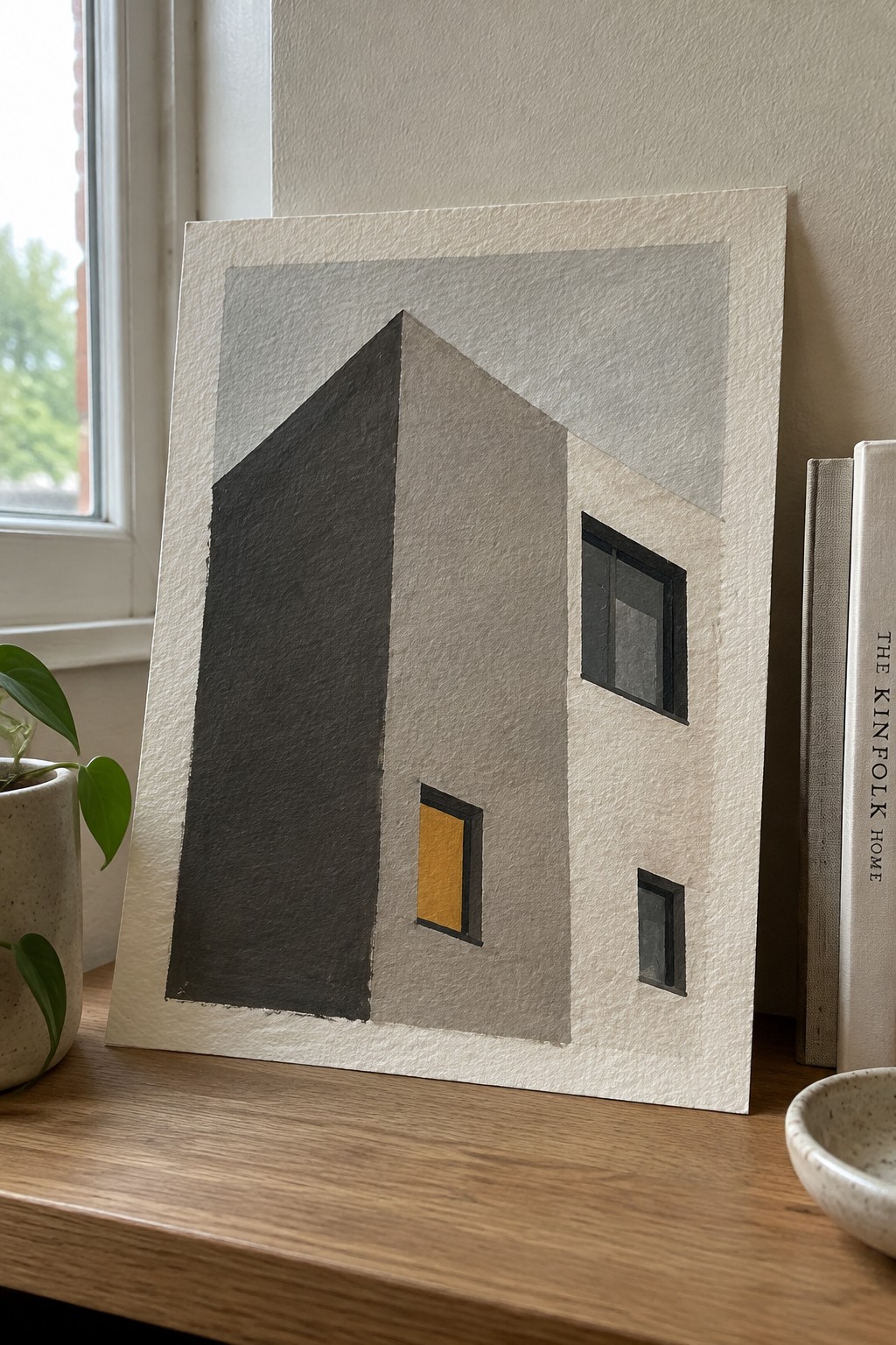 Minimalist painting of angular building with yellow window beside potted plant and books