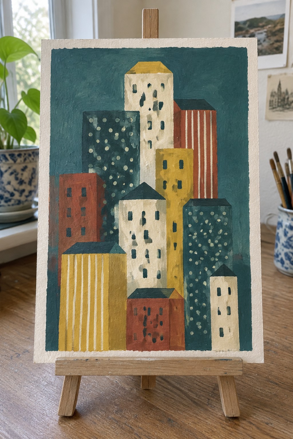 Abstract cityscape painting with colorful buildings on wooden easel amid art supplies