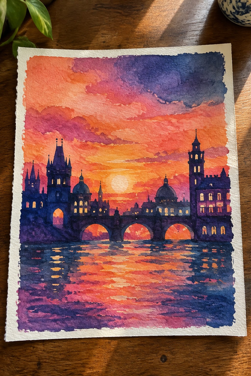 Watercolor painting of vibrant sunset over historic bridge with glowing towers and domes.