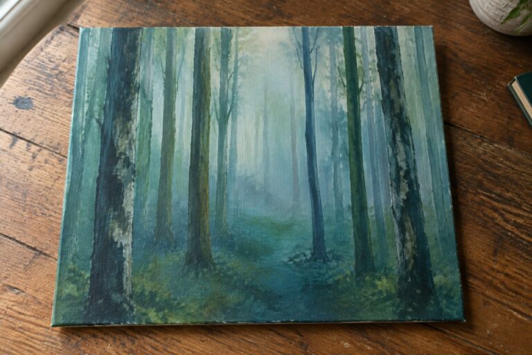 17 Abstract Forest Paintings Defined by Vertical Tree Forms Misty forest painting with tall blue-green tree trunks on wooden table