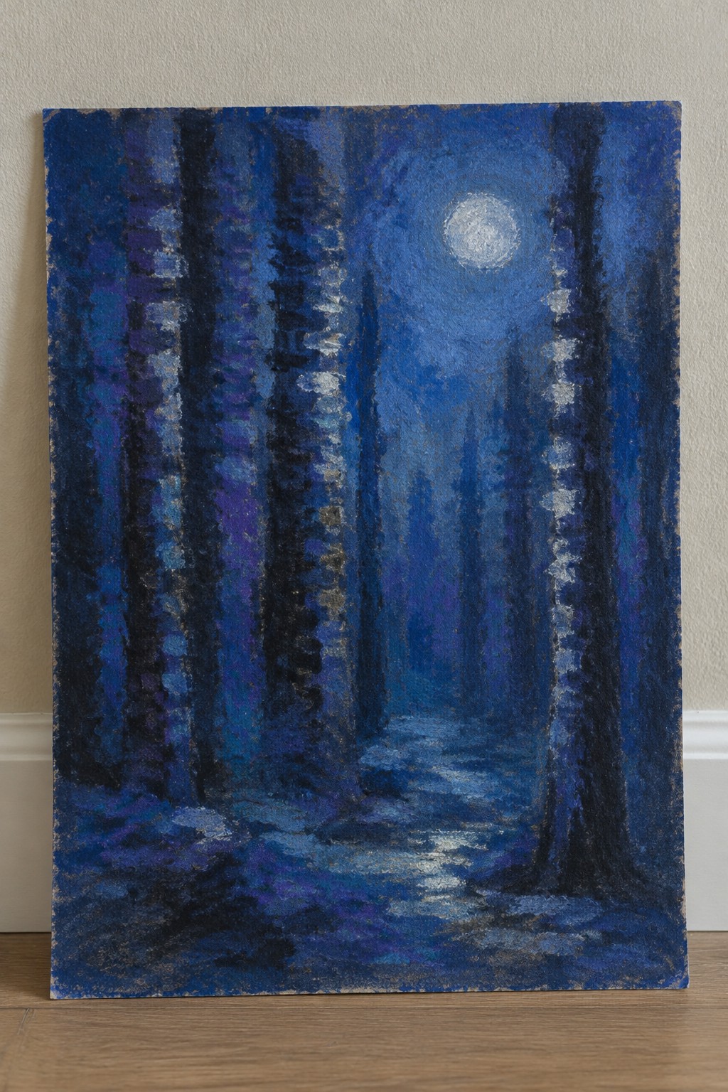 Textured blue painting of moonlit path through tall dark trees in forest