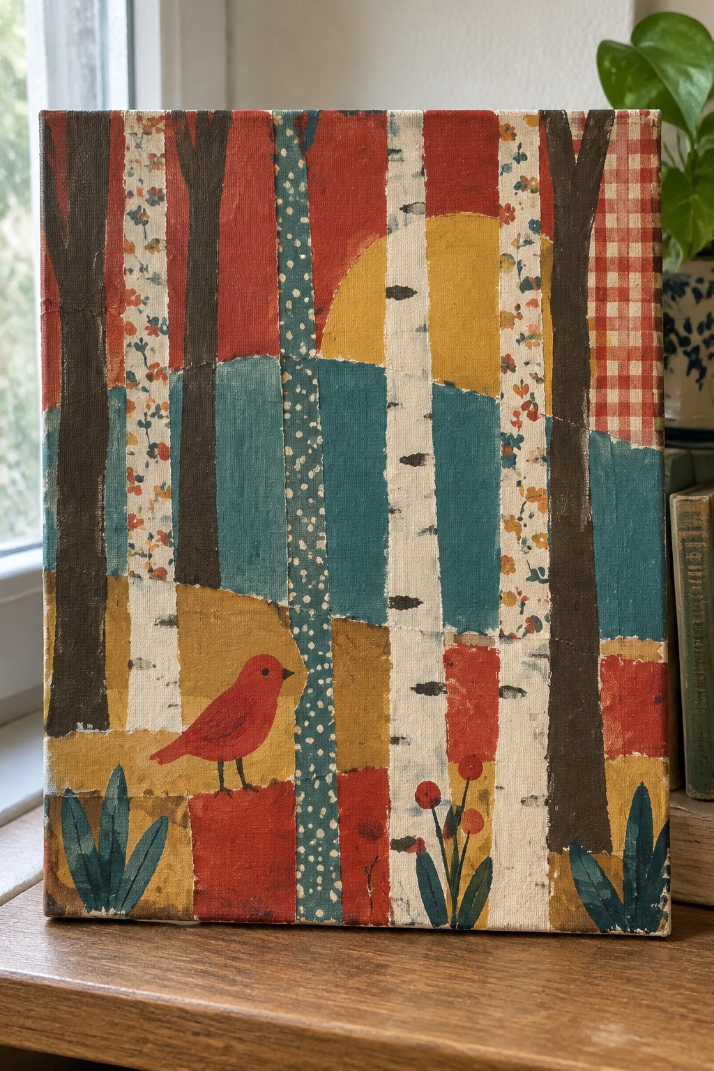 Colorful patchwork forest painting with patterned trees and red bird on yellow ground