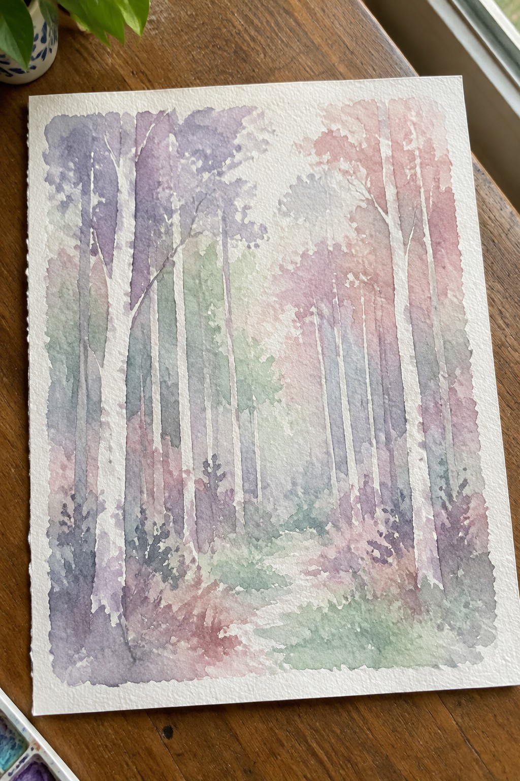 Watercolor forest scene with tall white trunks in soft purple pink and green tones