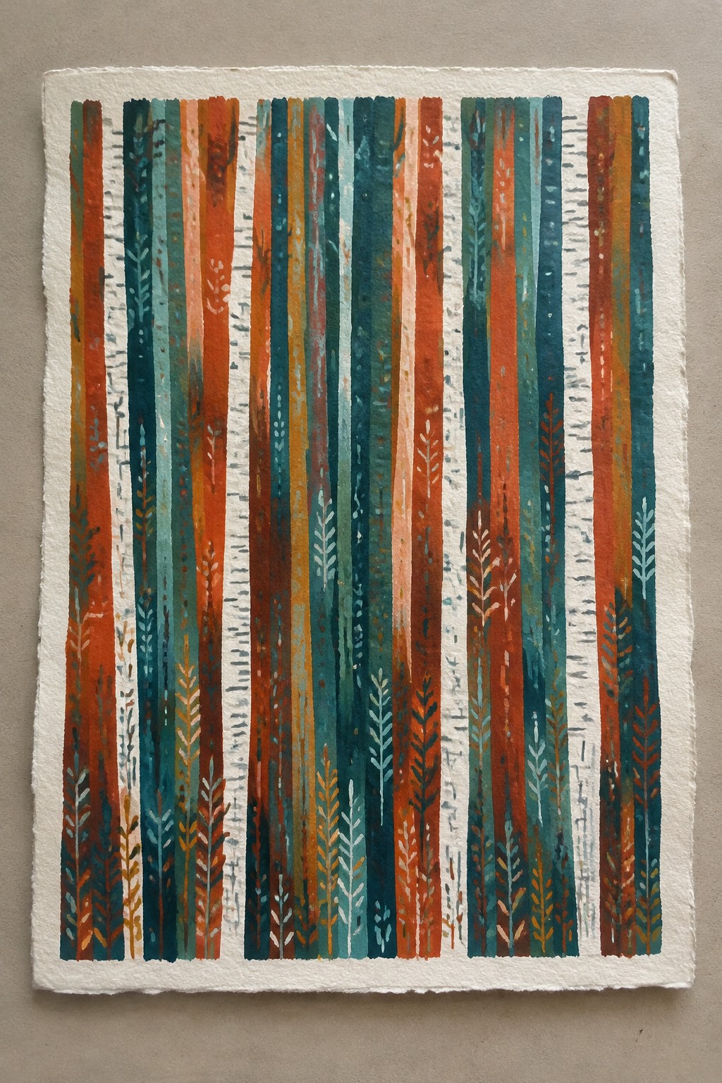 Vertical watercolor stripes in orange, teal, and rust with leaf and birch patterns