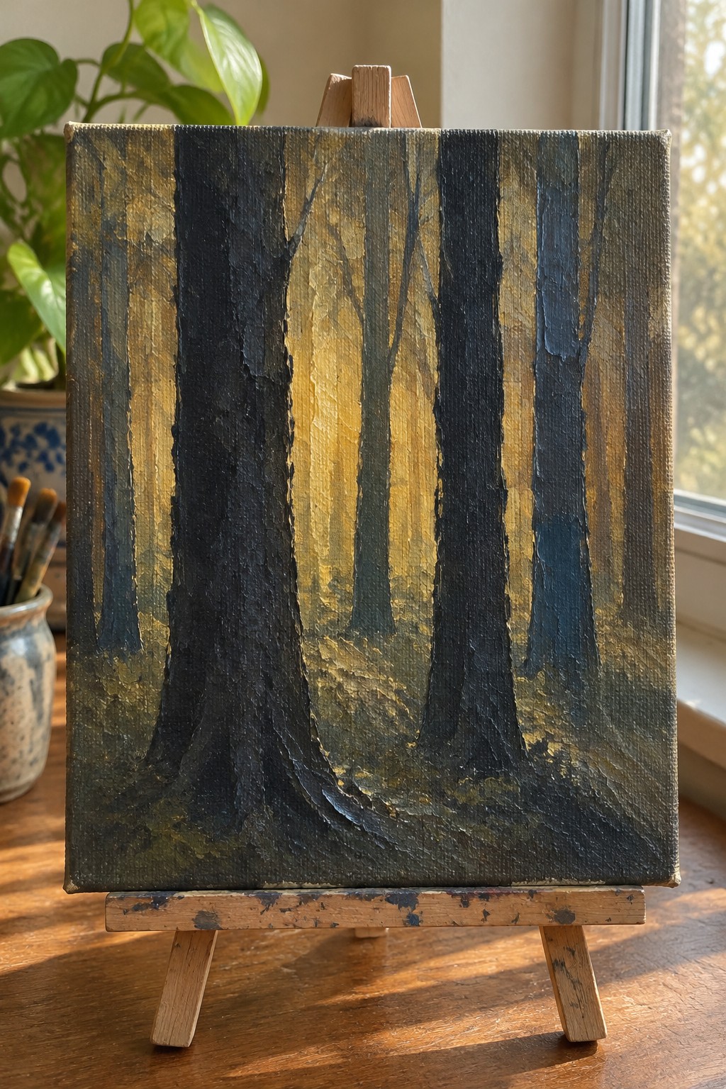 Textured oil painting of dark forest trees glowing with golden sunlight on wooden easel