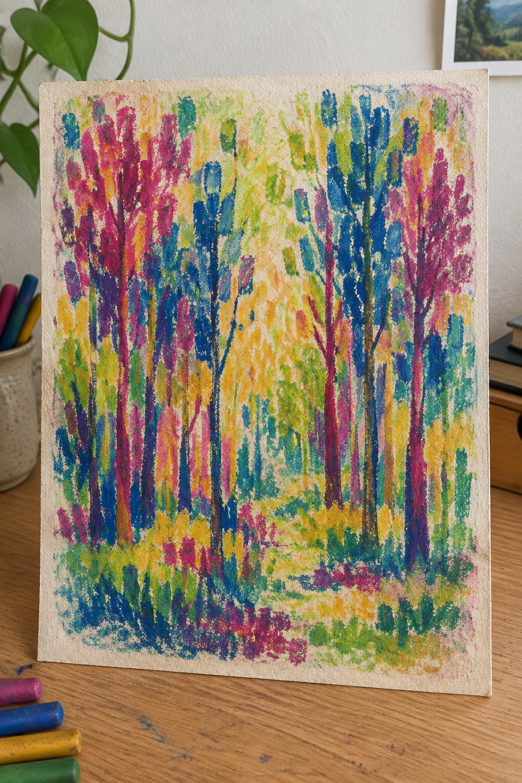 Vibrant pastel forest painting with colorful trees and winding path