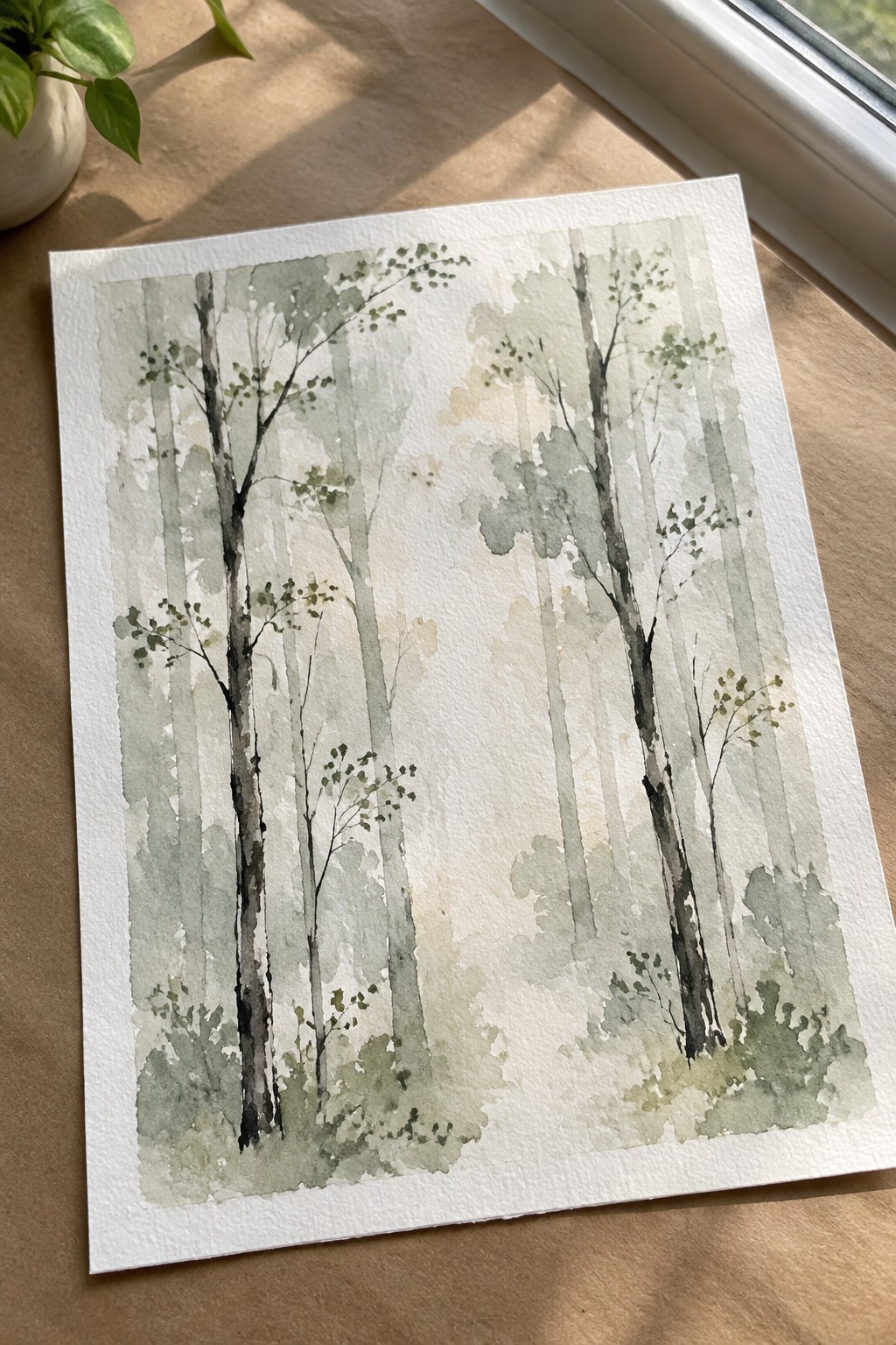 Watercolor painting of slender trees amid soft green misty forest layers on paper