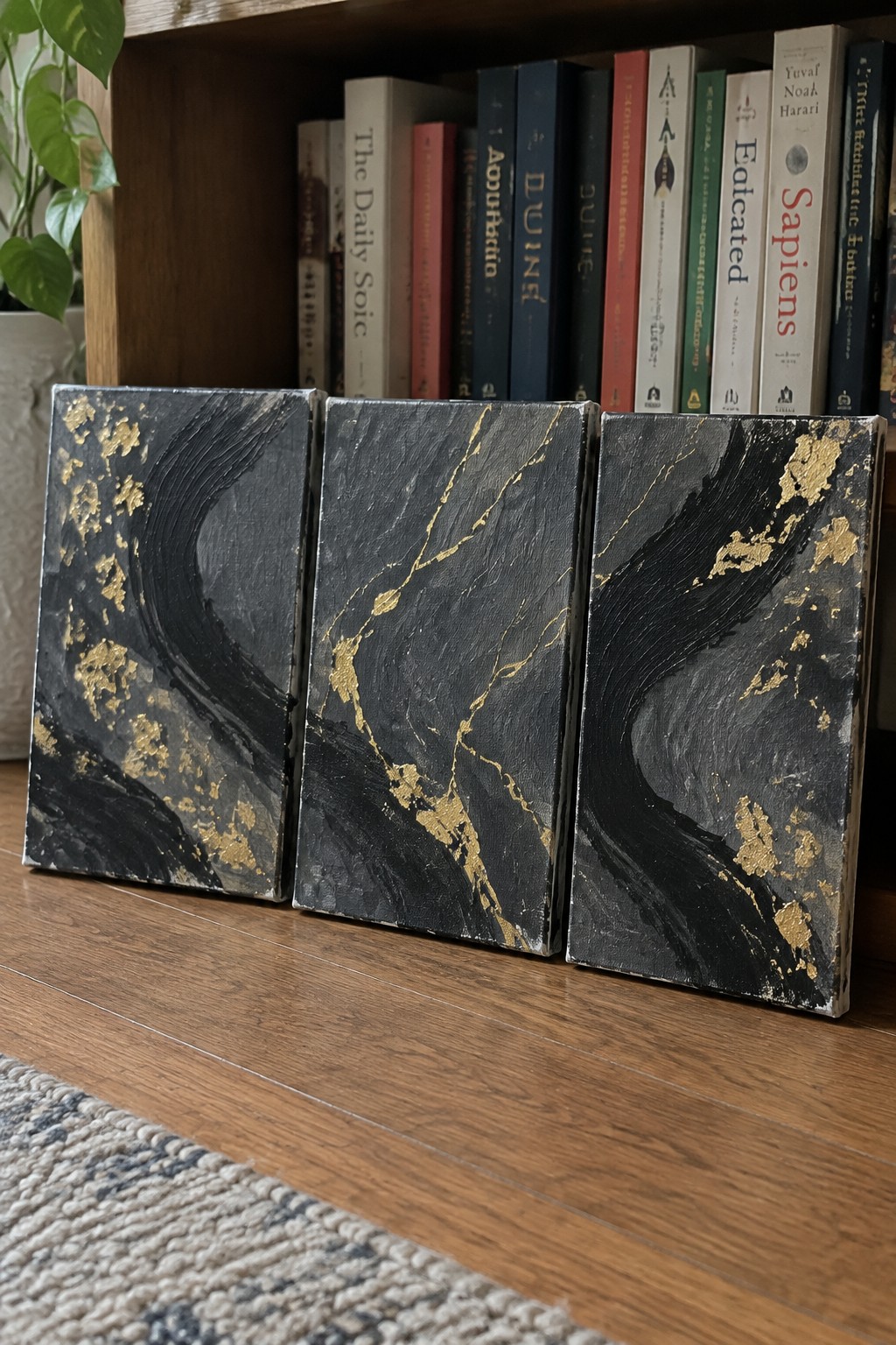 Three black and gold abstract paintings leaning against a wooden bookshelf with books.
