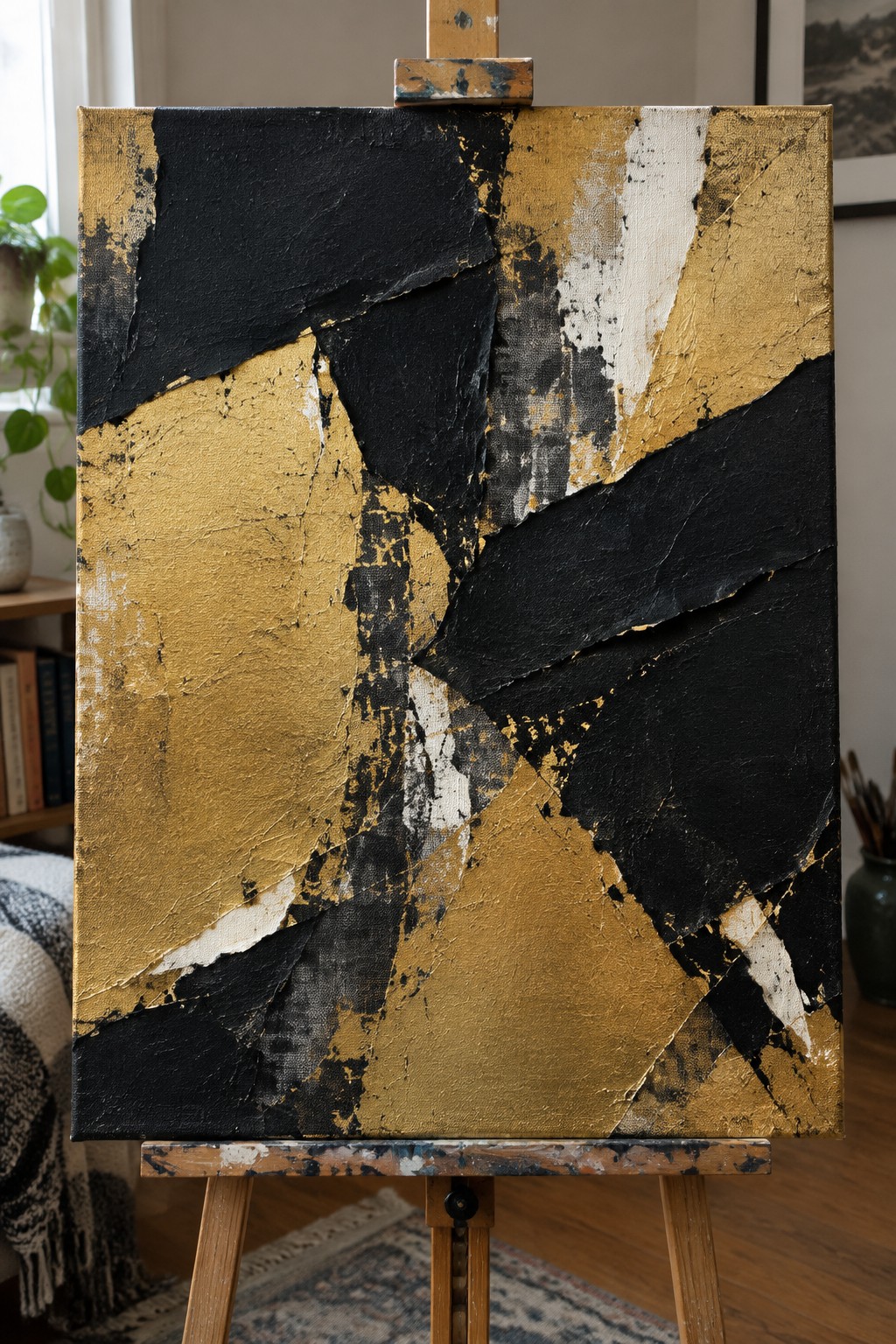 Abstract acrylic painting on canvas with large angular black and gold shapes, textured layers, and scattered white accents, displayed on a wooden easel.