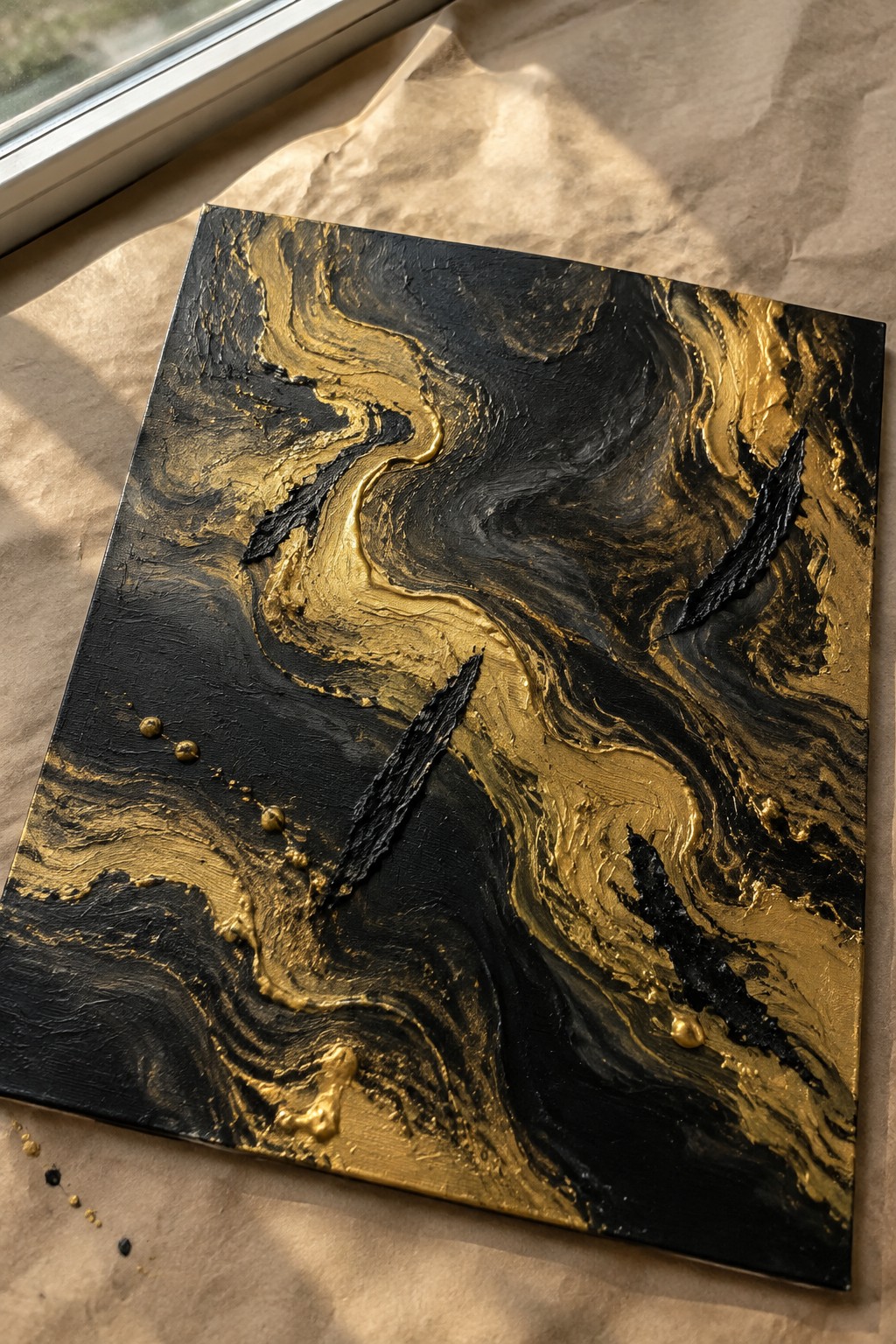 Abstract black and gold fluid art painting with swirling textured patterns on canvas