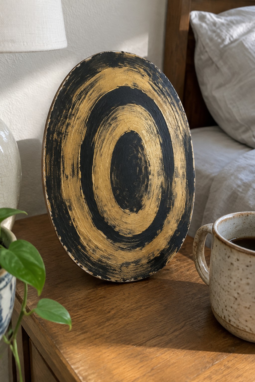 Black and gold concentric circle artwork on wooden table beside mug and plant