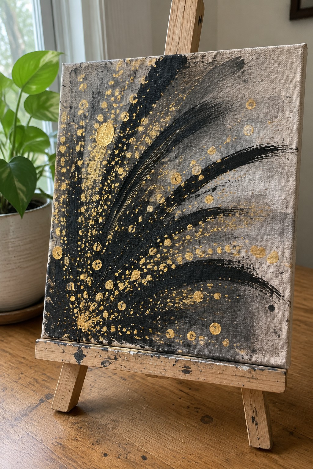 Abstract black and gold painting on canvas atop wooden easel.