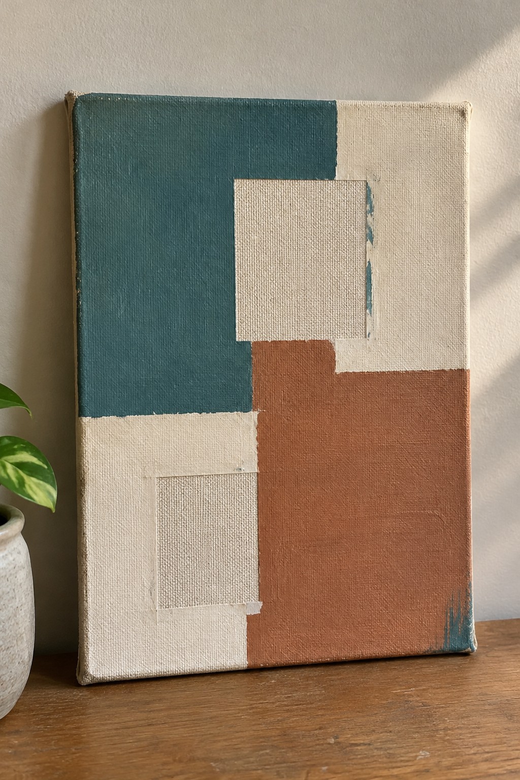 Abstract geometric canvas in teal, cream and terracotta leaning on wooden surface