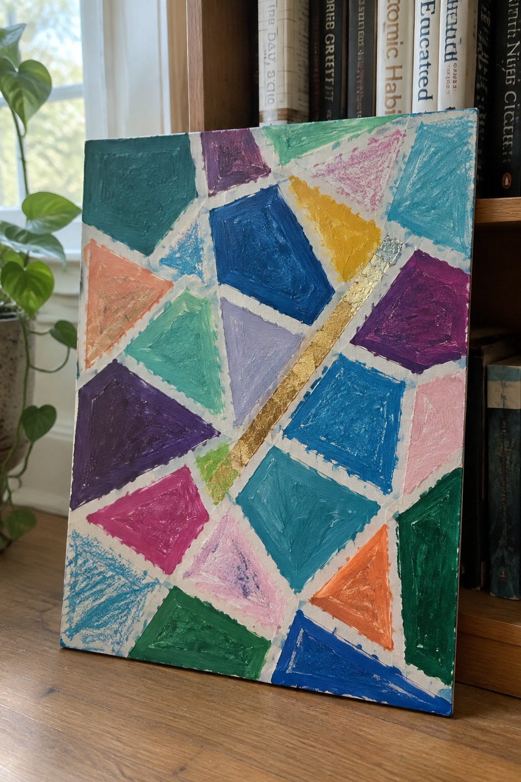 Colorful abstract geometric painting with triangles and gold stripe against bookshelf