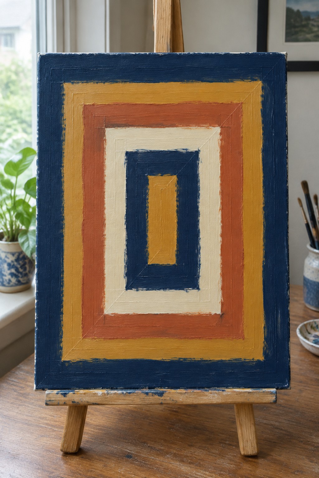 Abstract painting of nested rectangles in blue, yellow, orange, and cream on easel