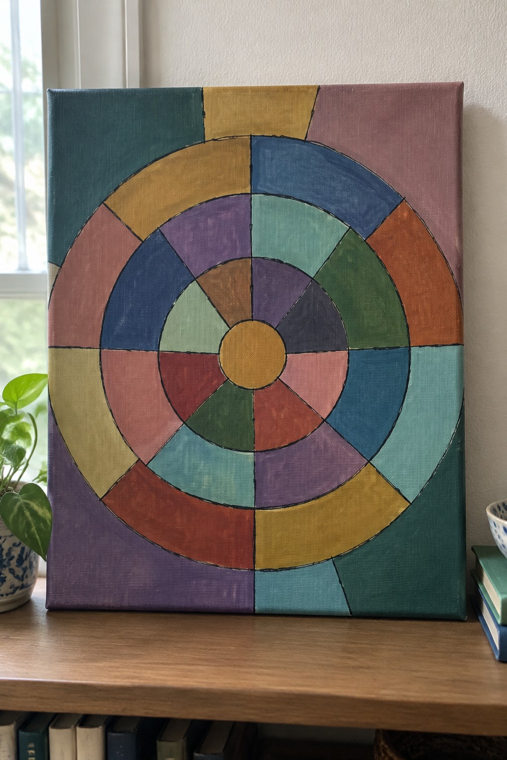 Colorful abstract canvas with concentric rings in teal, yellow, pink, and purple hues on wooden table