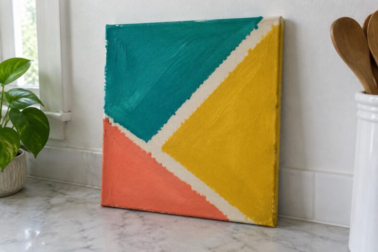 17 Easy Geometric Abstract Canvas Paintings Using Masking Tape Abstract geometric painting with teal, yellow, coral sections and white lines on marble counter