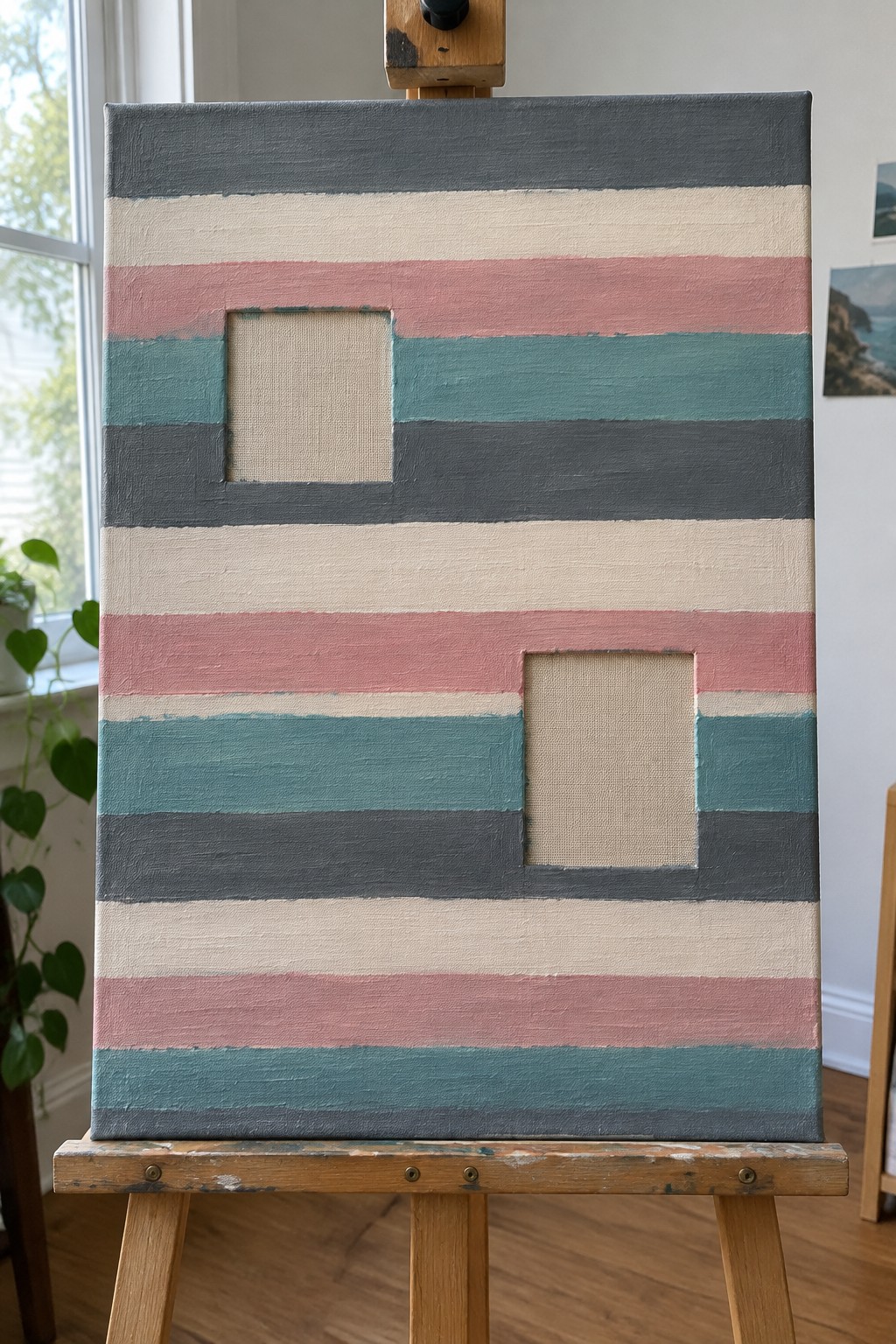 Striped abstract painting with gray, pink, teal bands and two blank squares on easel