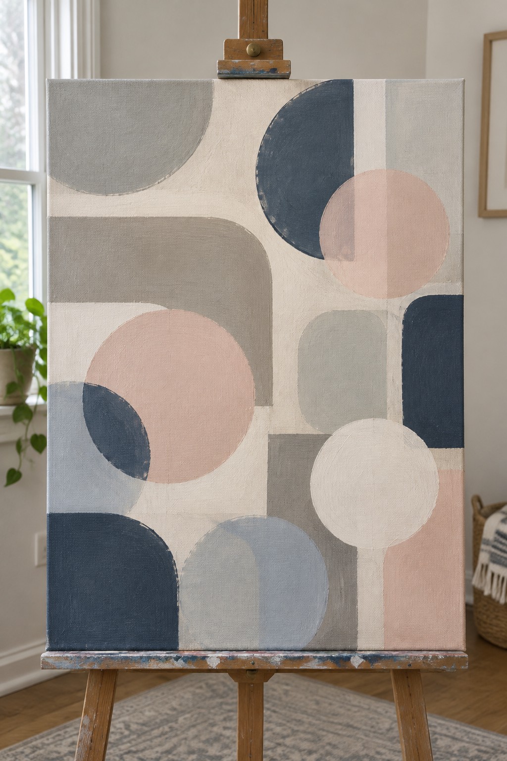 Abstract geometric painting with navy, pink, and gray circles on wooden easel