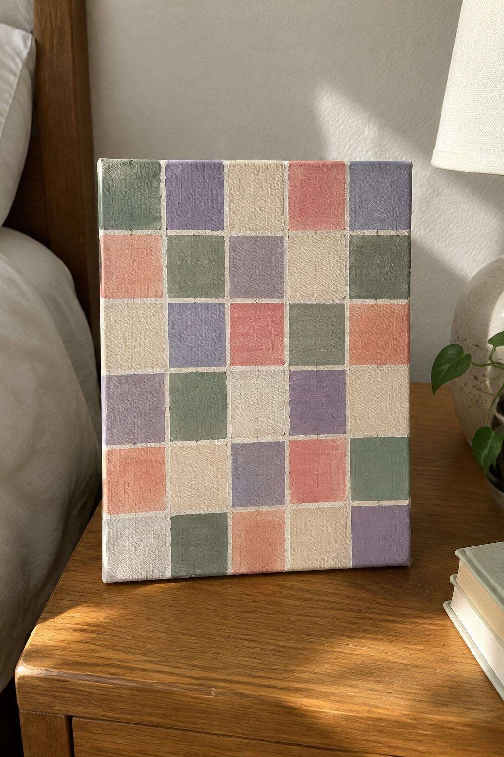 Pastel grid painting on canvas atop wooden nightstand with books and lamp