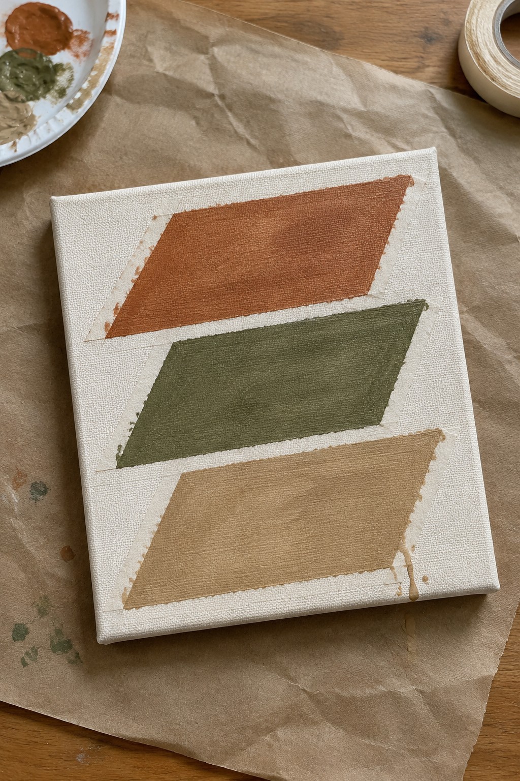Small white canvas with three angled parallelograms in terracotta, olive green, and beige created with masking tape, shown next to a paint palette and roll of tape.