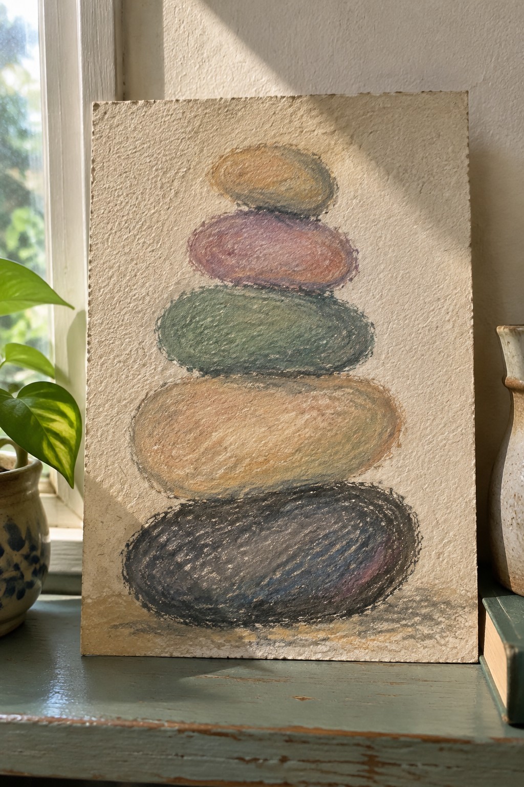 Pastel drawing of stacked colorful stones on textured paper by windowsill