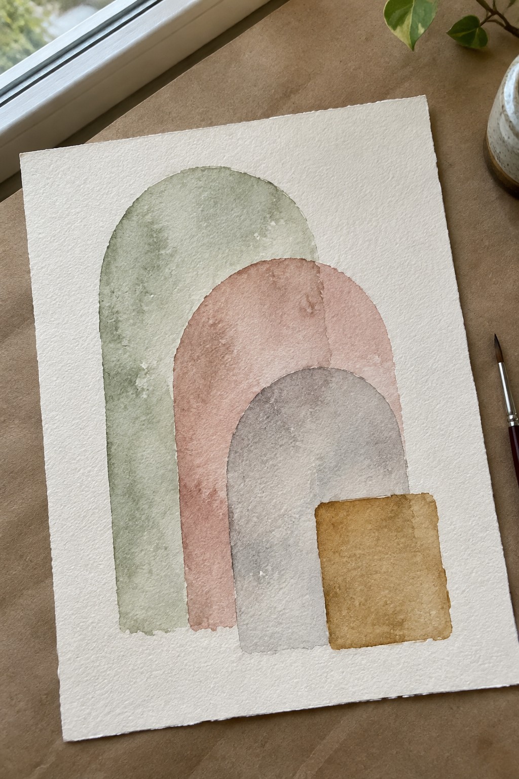 Abstract watercolor with overlapping arches in green, pink, gray and mustard square