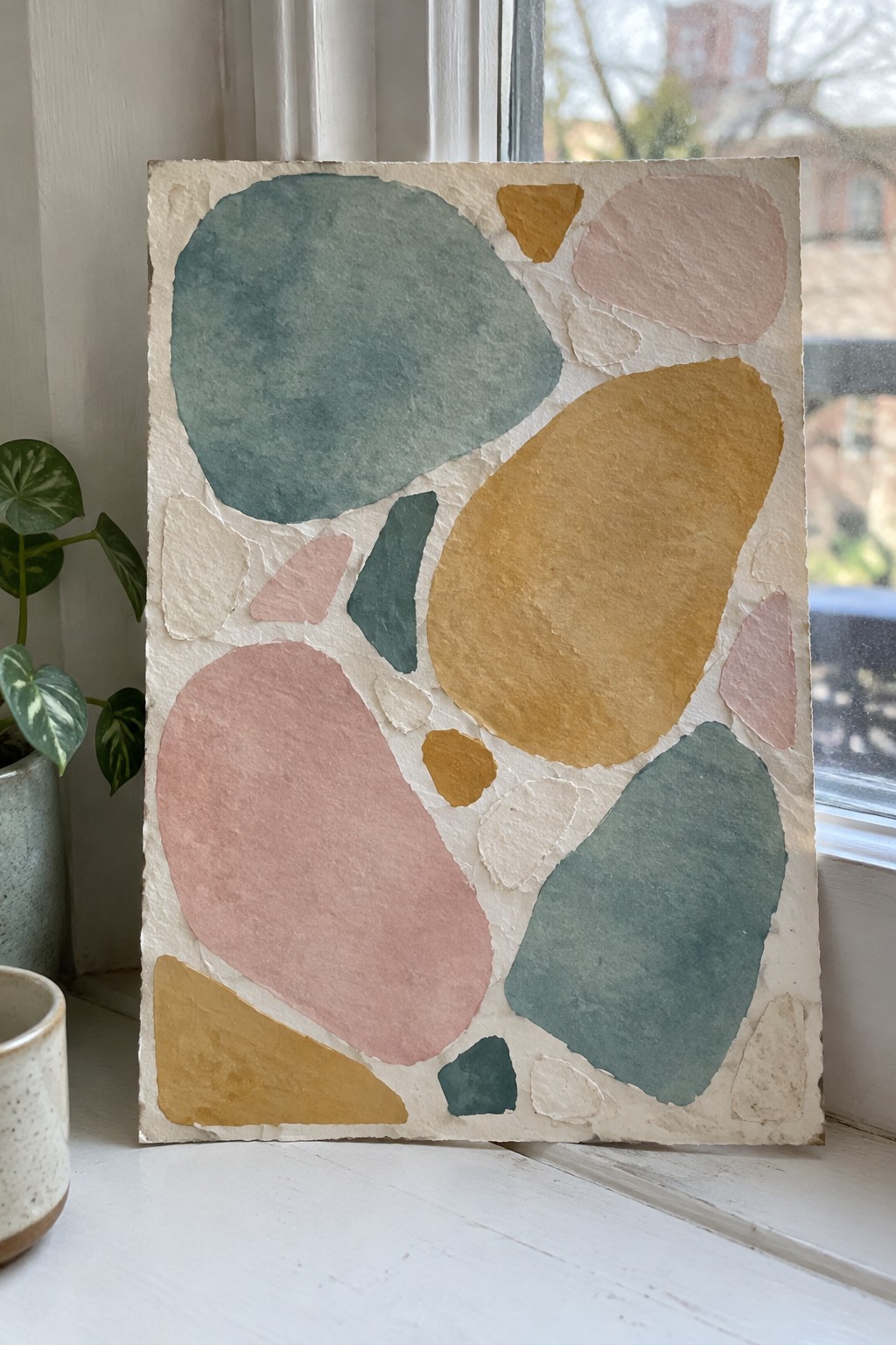 Abstract artwork with teal, mustard, and pink shapes on windowsill beside plant and cup