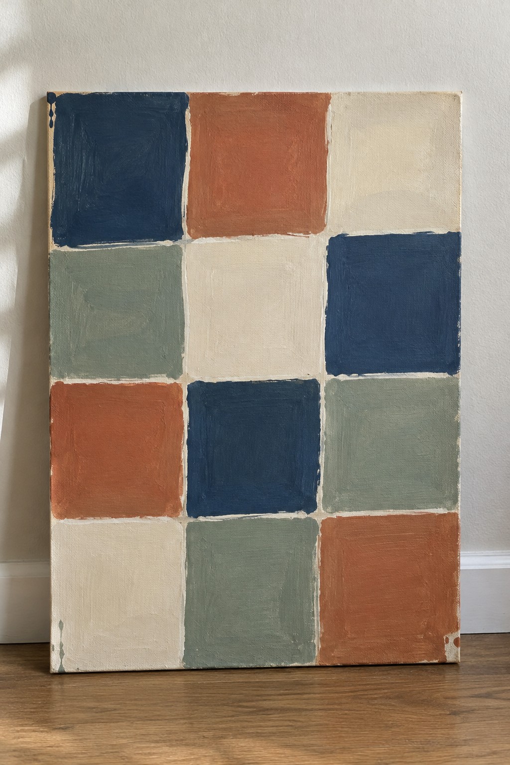 Abstract canvas with grid of blue, orange, green, and beige squares leaning on wall.
