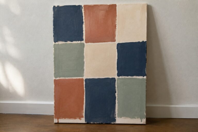 17 Structured Geometric Abstract Paintings for Contemporary Offices Abstract canvas with grid of blue, orange, green, and beige squares leaning on wall.