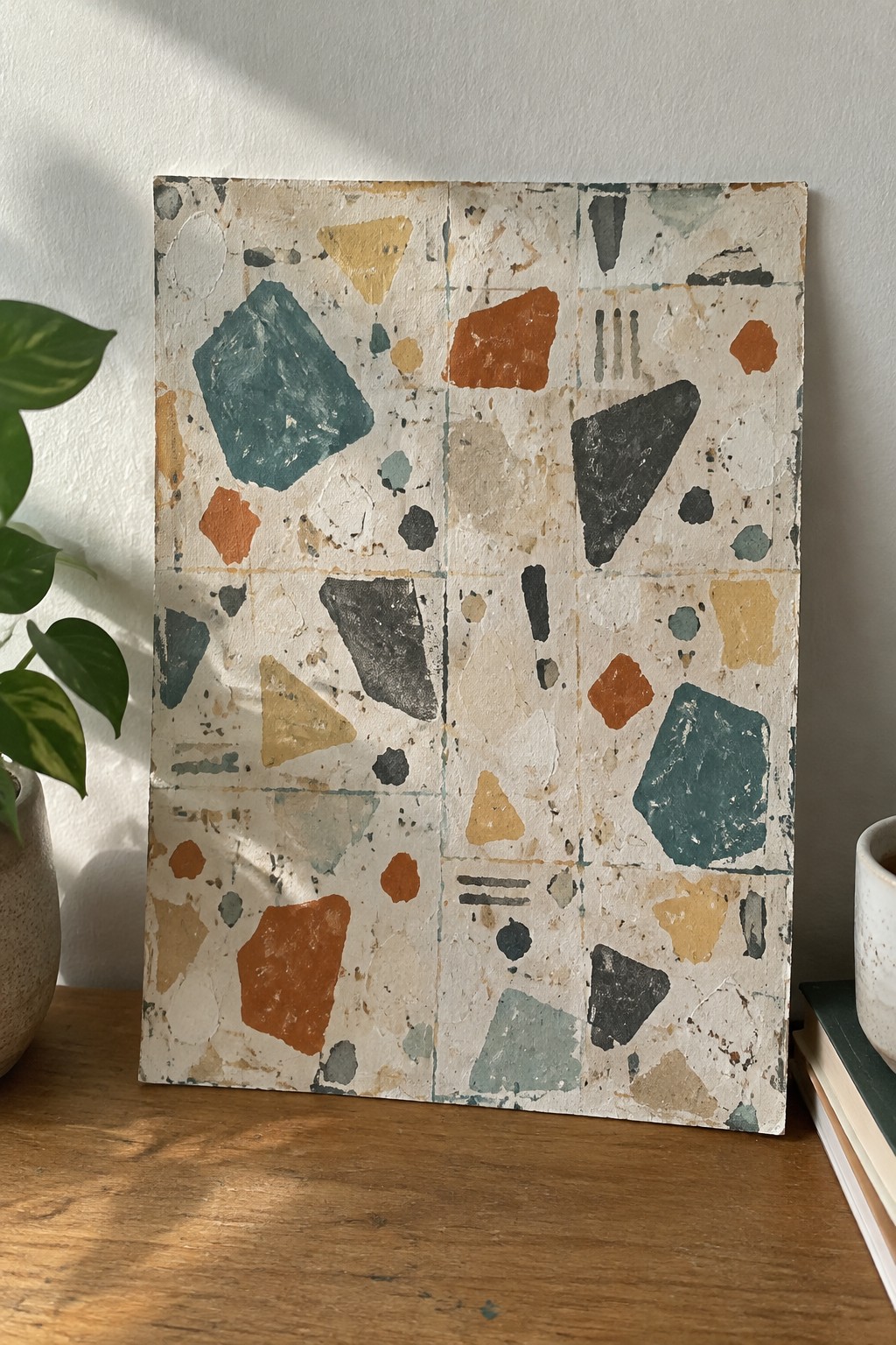Abstract terrazzo-style artwork with teal, orange, and yellow shapes on wooden table beside plant.