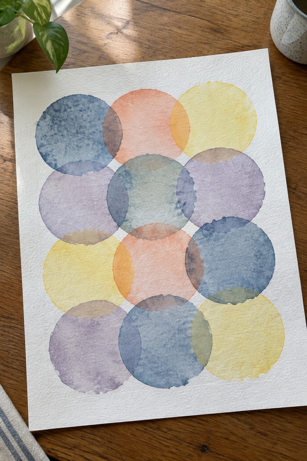 Abstract watercolor painting of overlapping translucent circles in soft pastel colors