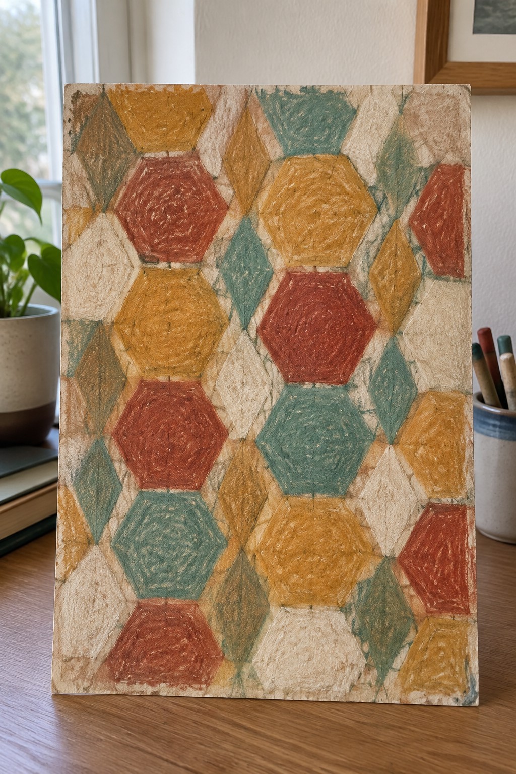 Colorful textured paper collage of red, yellow, teal, and brown hexagons.