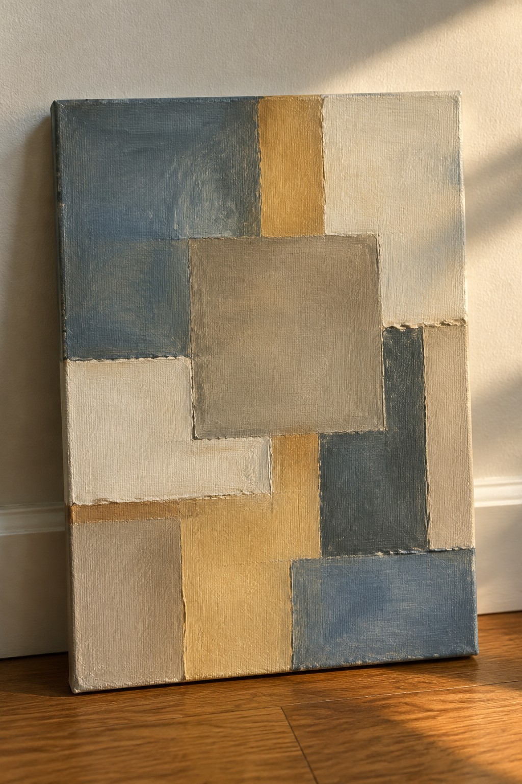 Abstract painting of geometric shapes in blue, gray, beige, and yellow tones on canvas