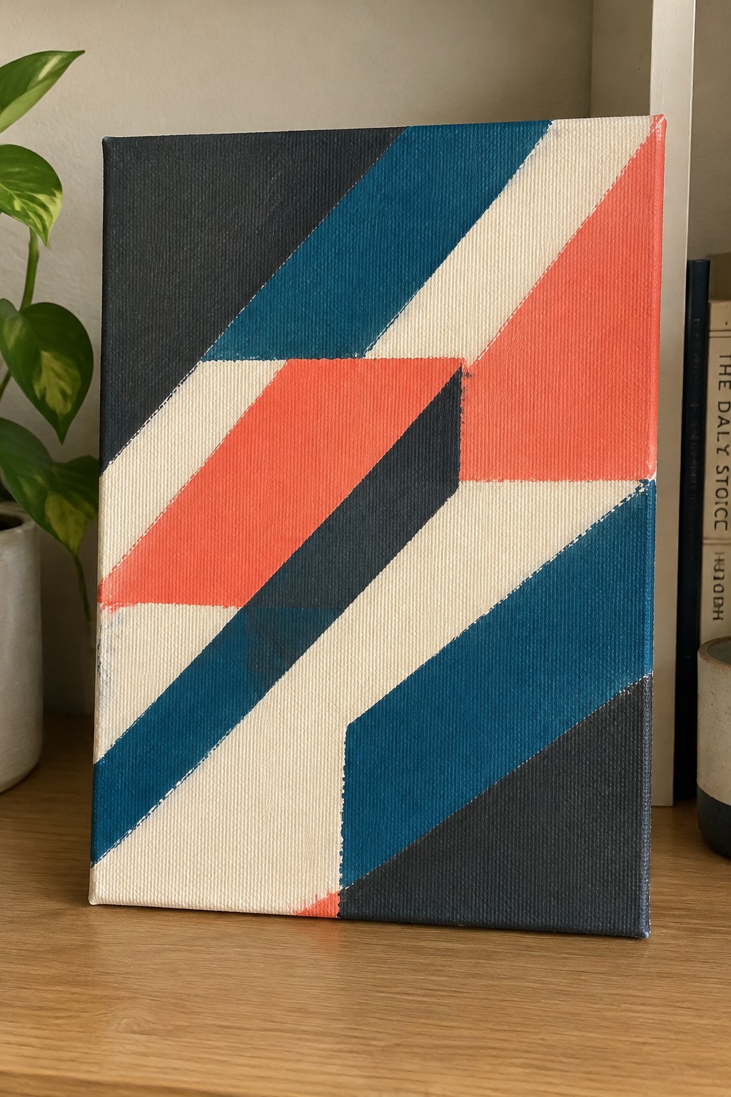 Abstract geometric canvas with bold diagonal stripes in black, teal, coral, and white on wood.