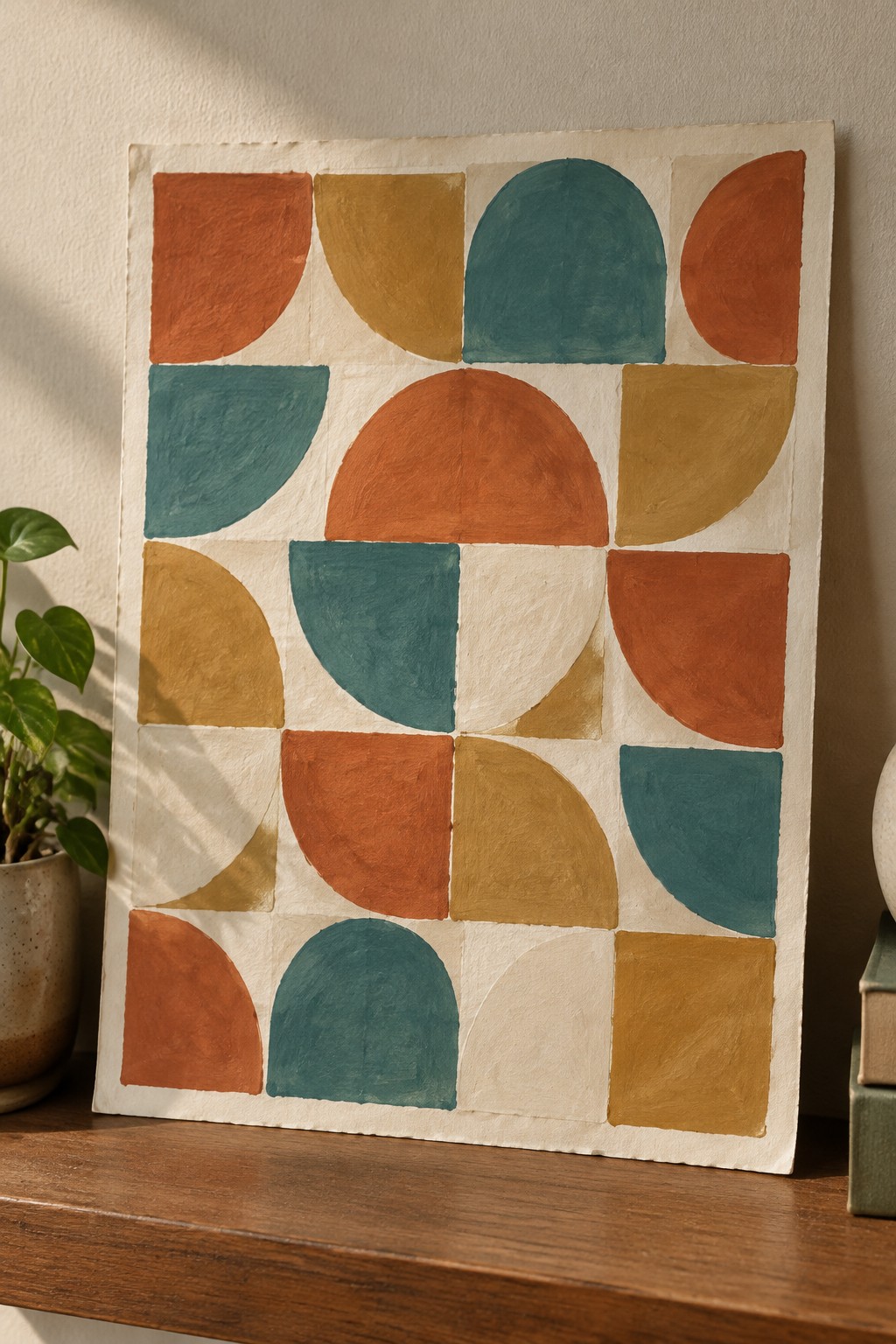Abstract geometric artwork with orange, teal, and mustard semicircles beside potted plant on wooden shelf