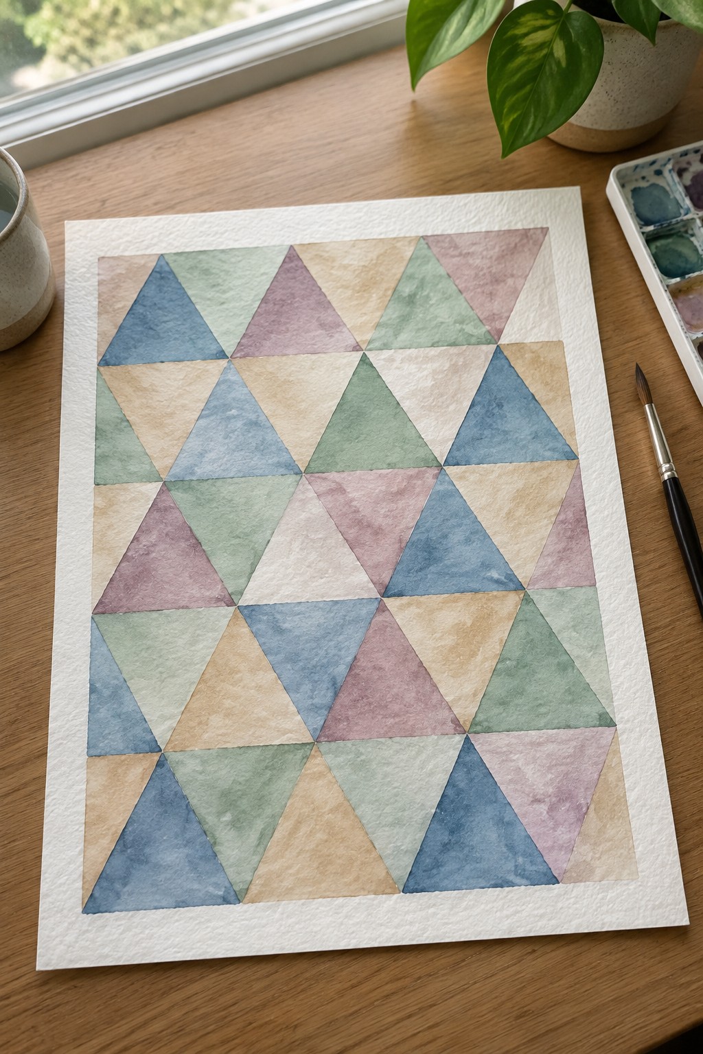 Watercolor geometric triangles in soft blues, greens, and pinks beside palette and plant