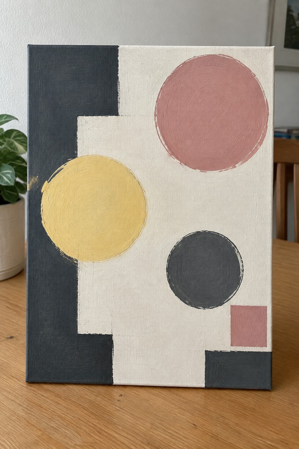 Abstract geometric painting with yellow, pink, and black circles on cream and gray background